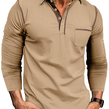 Men's long-sleeve polo shirt with chest pocket and contrast stitching
