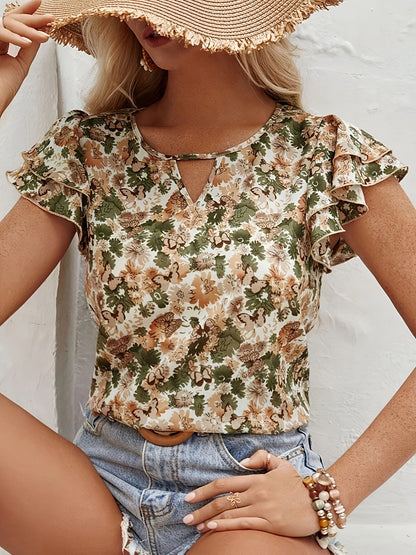 Women's Elegant Blouse with Floral Pattern and Ruffled Sleeves – Summer Casual Top