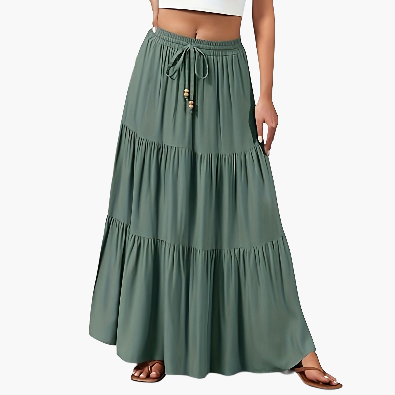 Women's Maxi Tiered Skirt with Drawstring – Boho Summer Casual Skirt for Everyday & Vacation