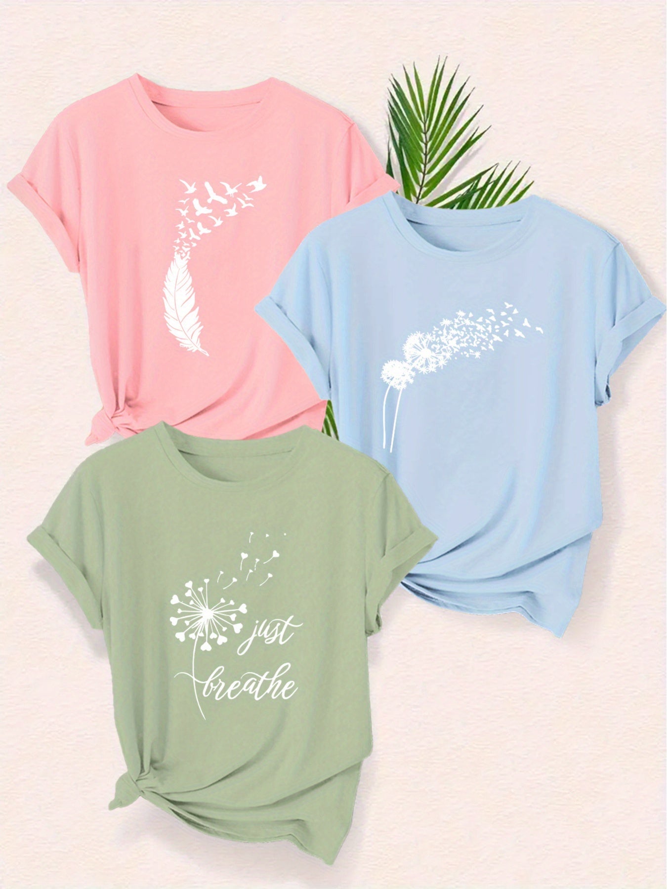 Women's Graphic T-Shirt with Nature Motifs and Inspirational Quote – Short Sleeve, Casual, Modern