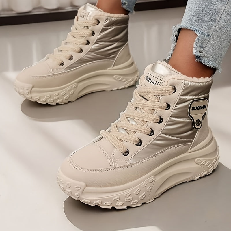 Women's winter boots, warm-lined beige high-top sneakers
