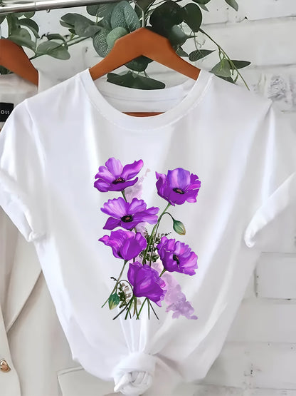 Women's T-Shirt with Floral Design – Casual Style, Spring/Summer, Floral Print