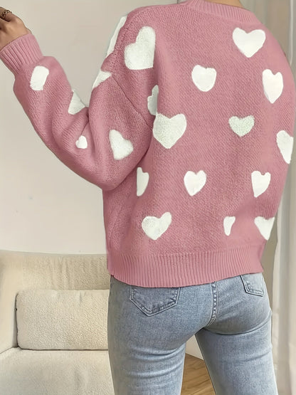 Women's sweater with heart pattern, crew neck, long-sleeve knit sweater