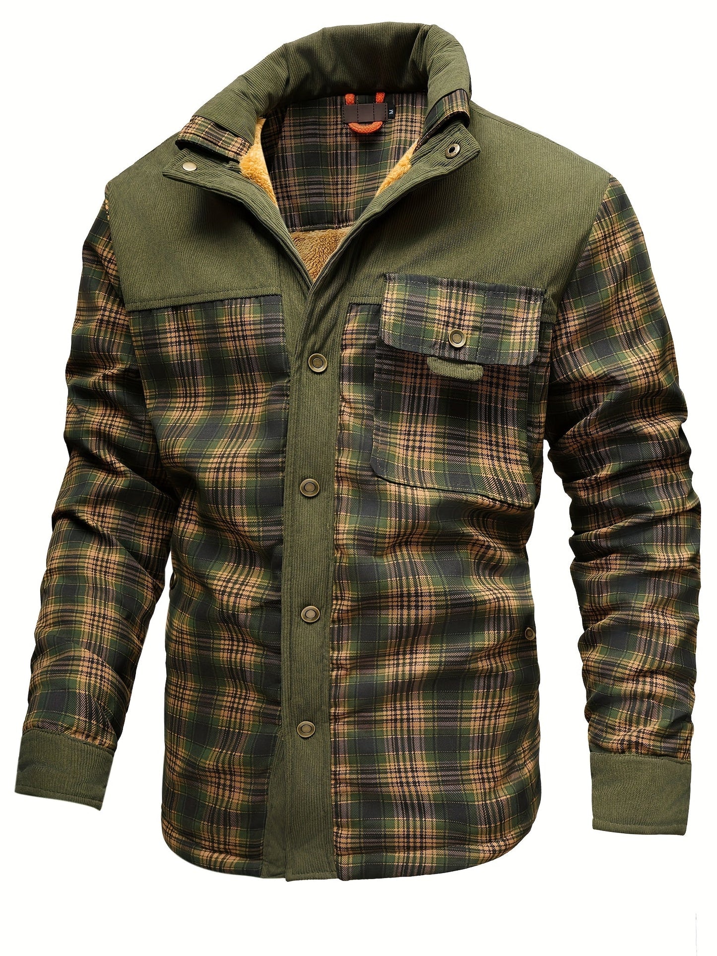 Men’s winter jacket, stand-up collar, checkered, fleece lining, green