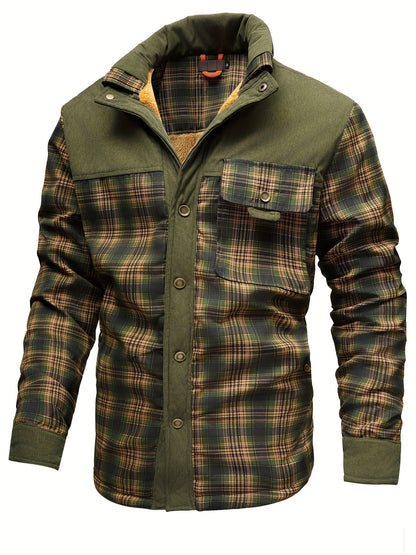 Men’s winter jacket, stand-up collar, checkered, fleece lining, green