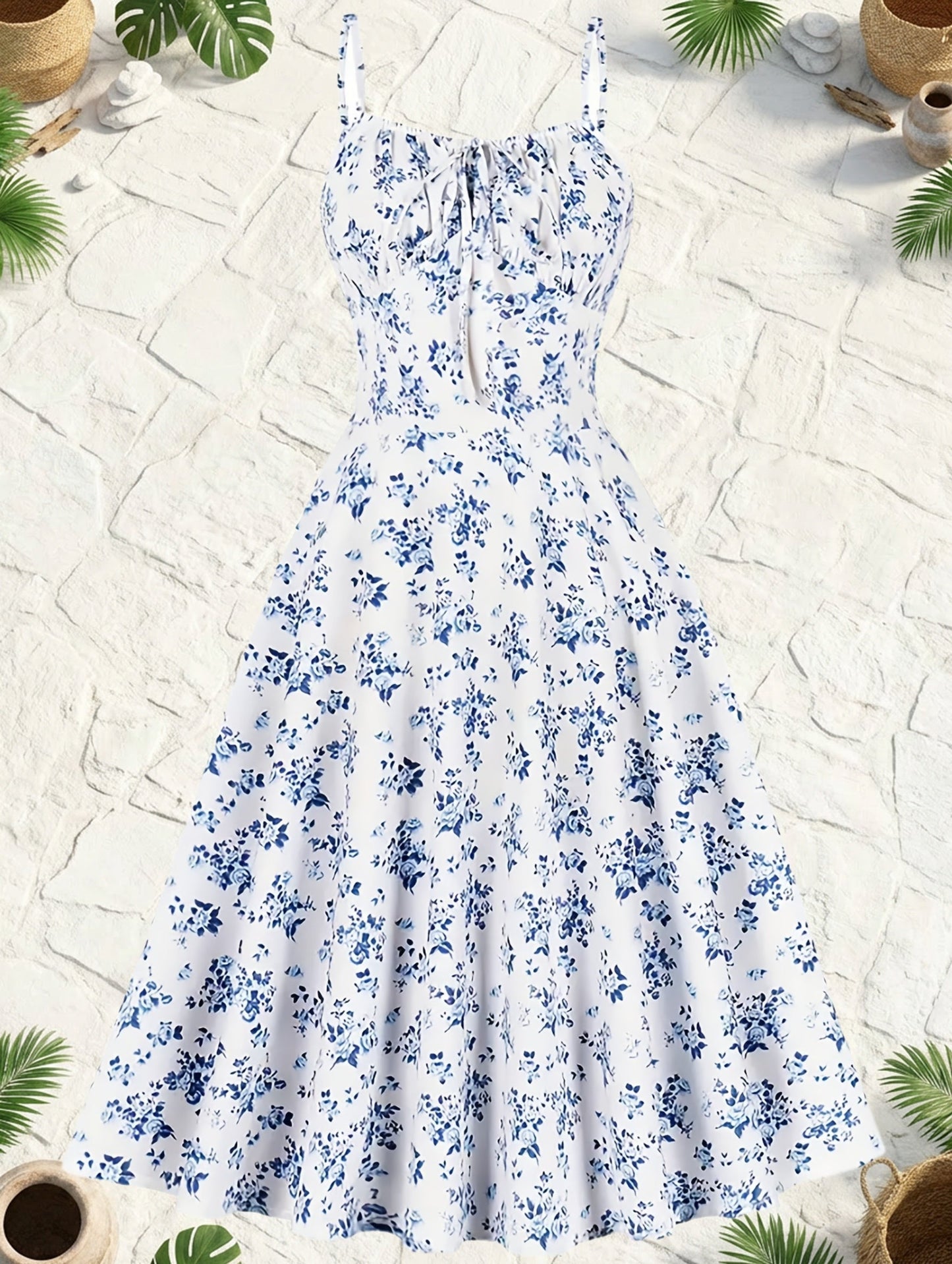 Women's Summer Midi Dress with Floral Pattern and Tie Belt – Elegant A-Line Dress for Everyday Wear and Garden Parties