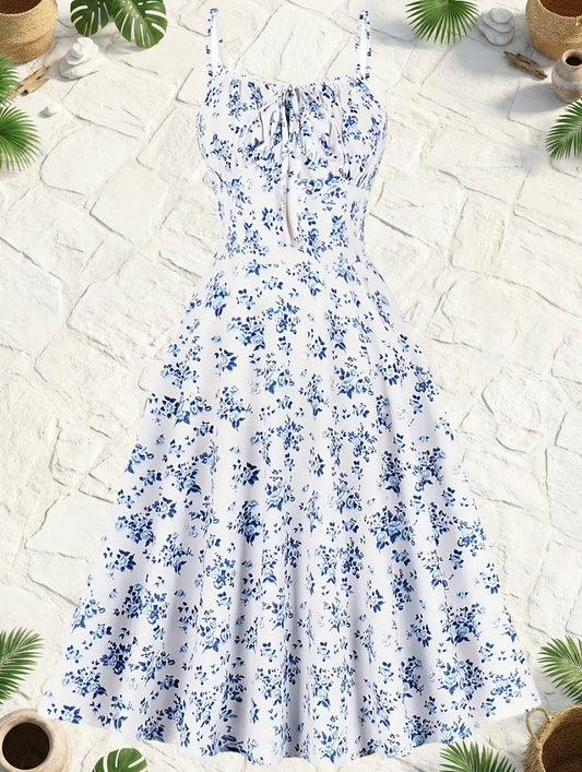 Women's Summer Midi Dress with Floral Pattern and Tie Belt – Elegant A-Line Dress for Everyday Wear and Garden Parties