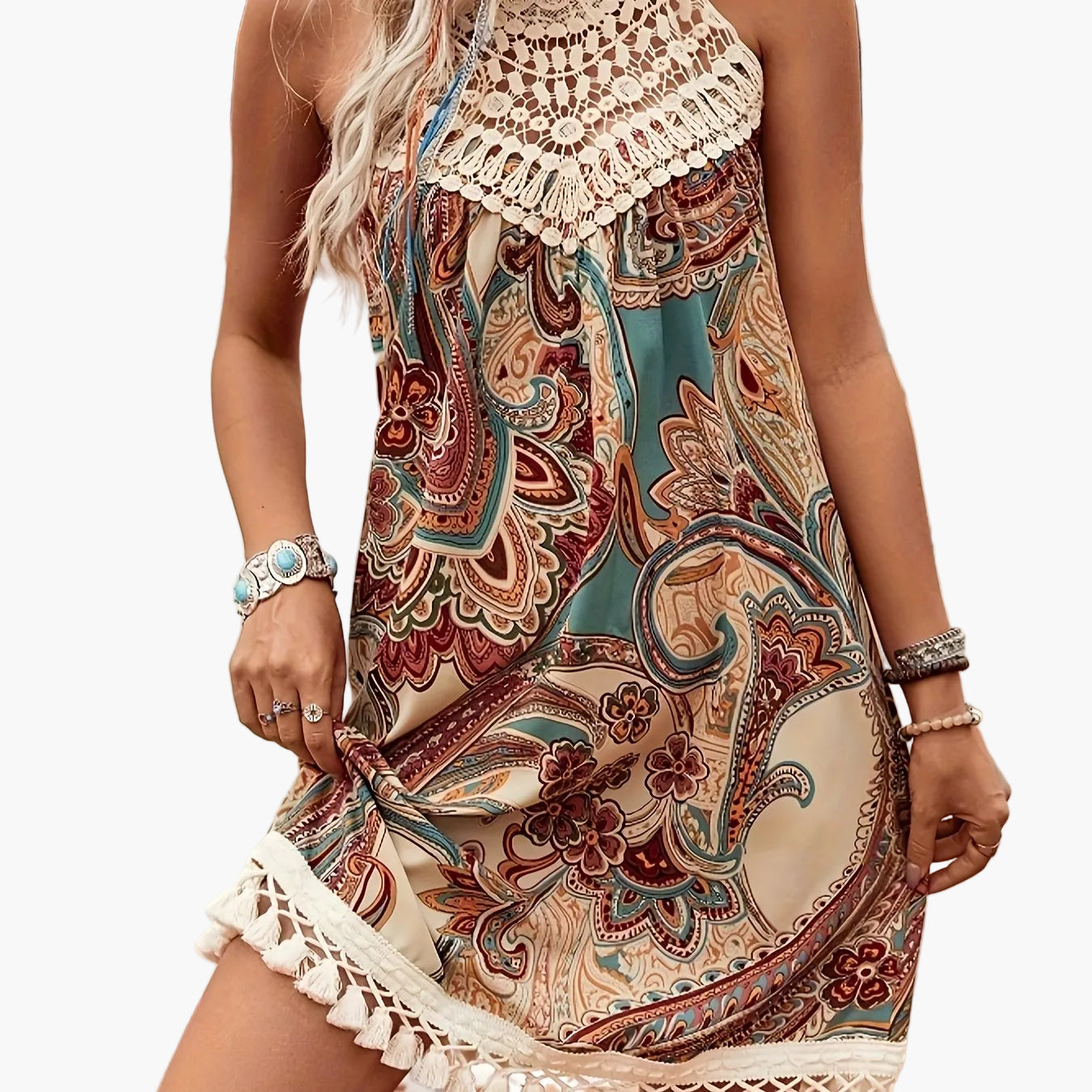 Women's Summer Beach Dress in Boho Style with Crochet Details and Paisley Pattern – Elegant Casual Tunic Dress for Vacation and Everyday Wear