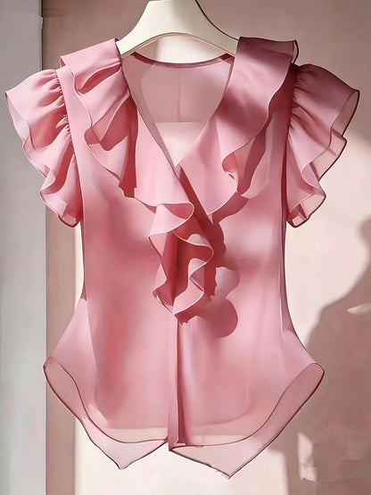 Women's blouse with ruffles and V-neck – Elegant frilled blouse for office and leisure