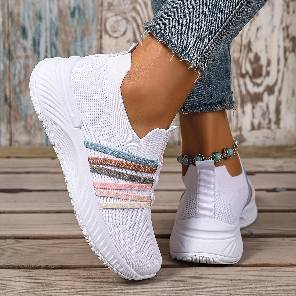 Damen Slip-On Freizeitschuhe mit Streifenmuster – Bequeme Alltags-Sneaker für Freizeit und Alltag