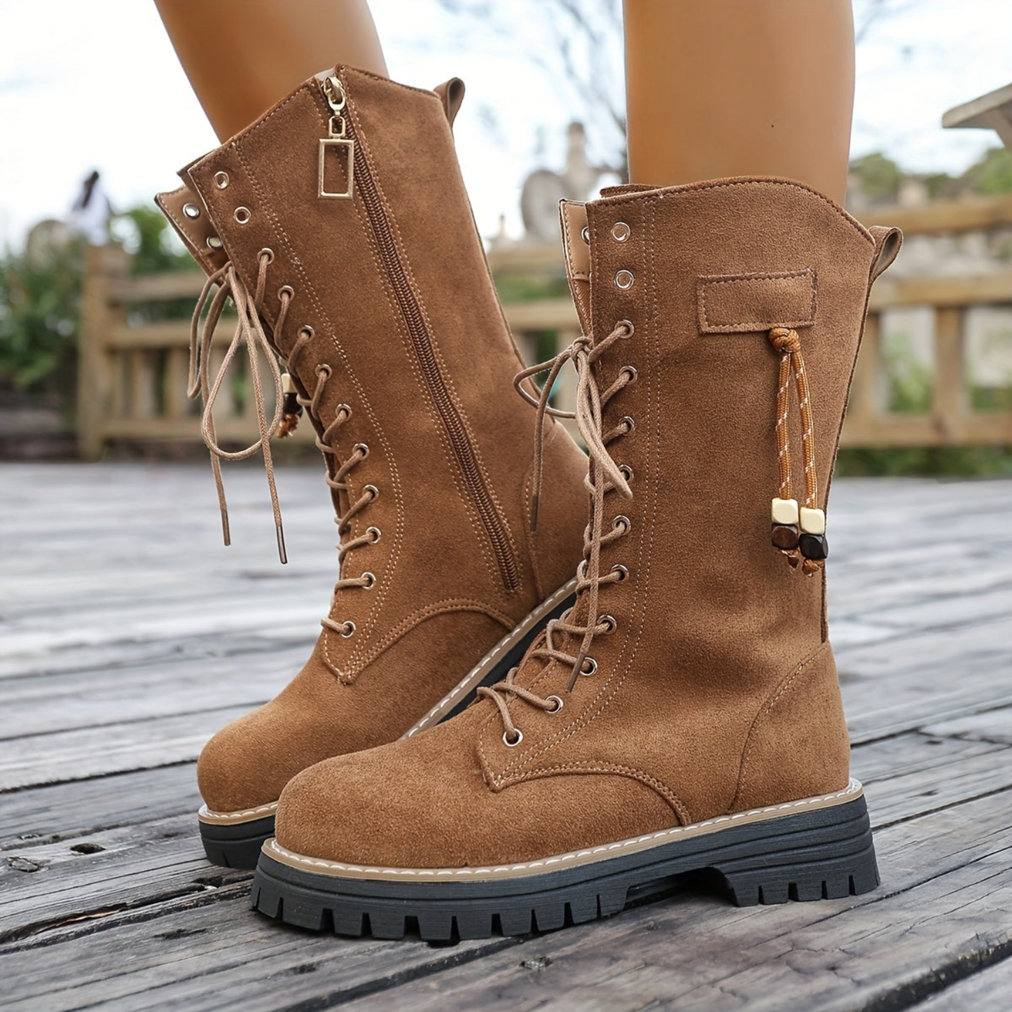Damen Schnürstiefel Stiefeletten Hellbraun Mittelhoch Profillaufsohle