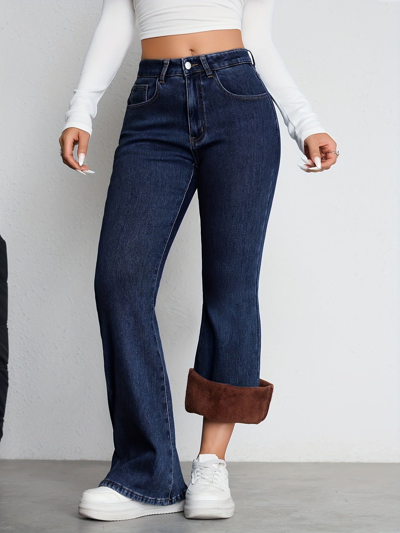 Damen Schlaghose Jeans Dunkelblau High Waist