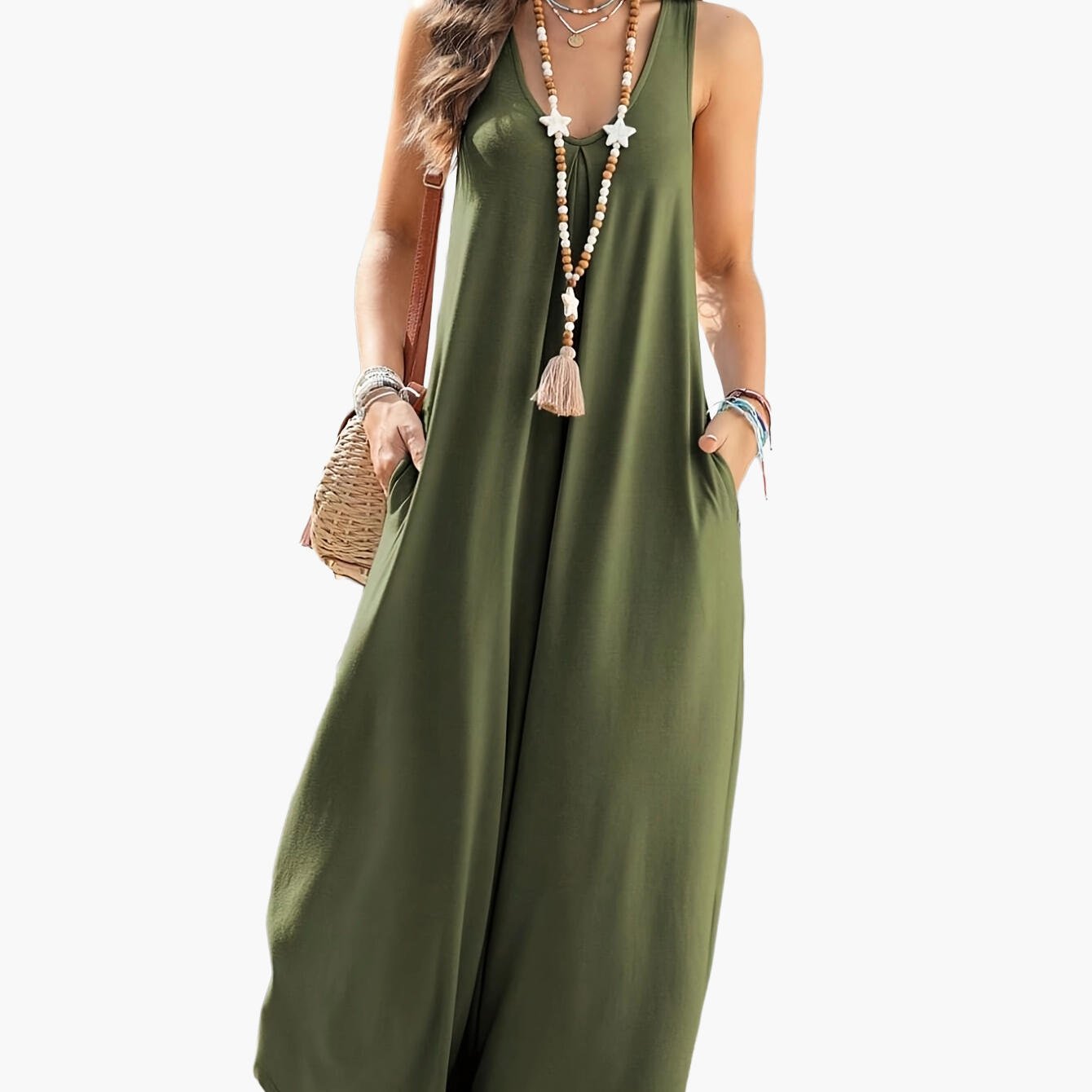 Women's Loose Jumpsuit with V-Neck and Pockets – Elegant Summer Romper for Leisure and Vacation