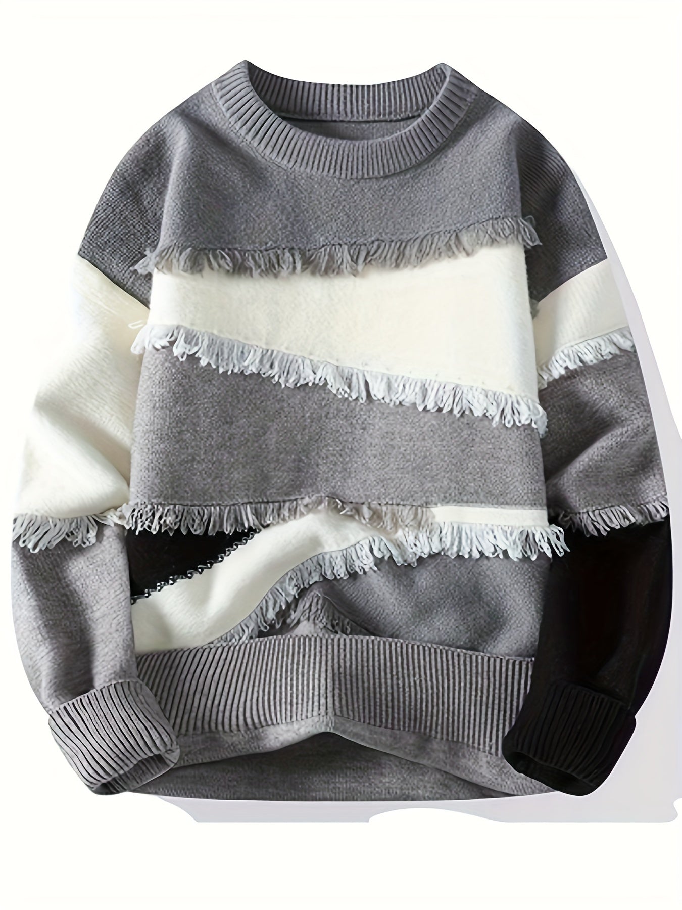 Unisex long-sleeve pullover with color-block design, fringe, and crew neck