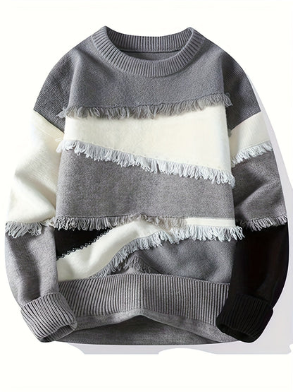 Unisex long-sleeve pullover with color-block design, fringe, and crew neck