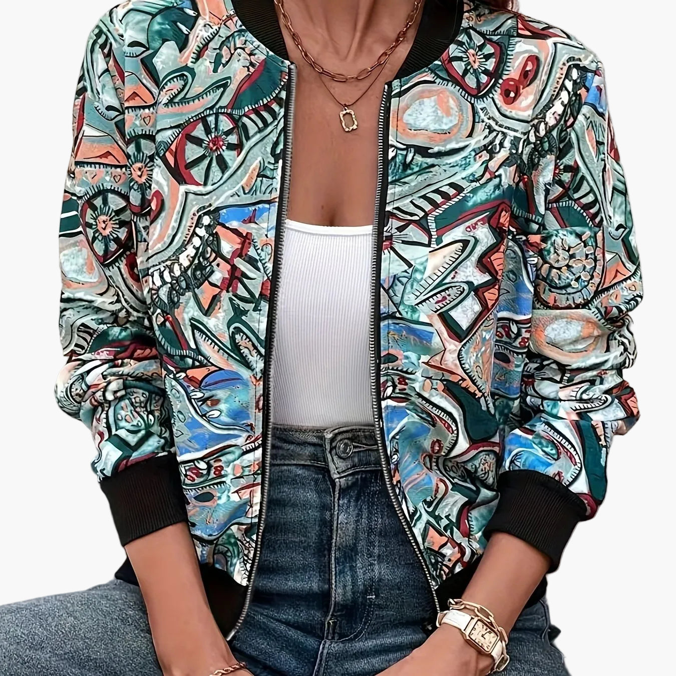 Women's bomber jacket with cartoon print for leisure and vacation