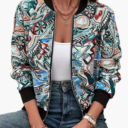 Women's bomber jacket with cartoon print for leisure and vacation