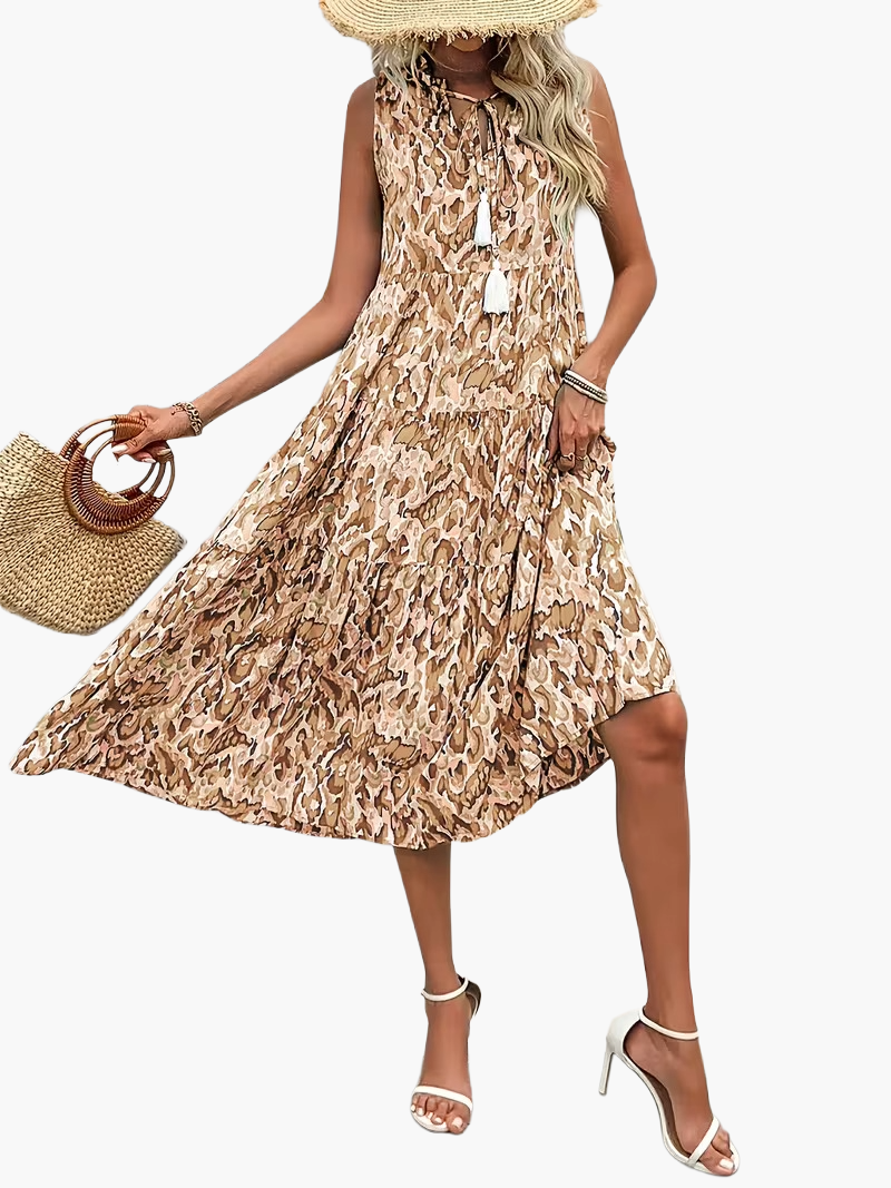 Women's Summer Dress Elegant Sleeveless with Allover Print and Tassels for Leisure and Vacation