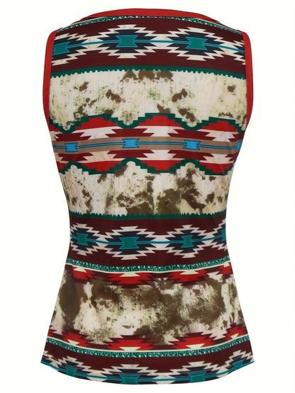 Women's Ethno-Style Summer Top with Button Placket and Geometric Pattern – Casual Leisurewear