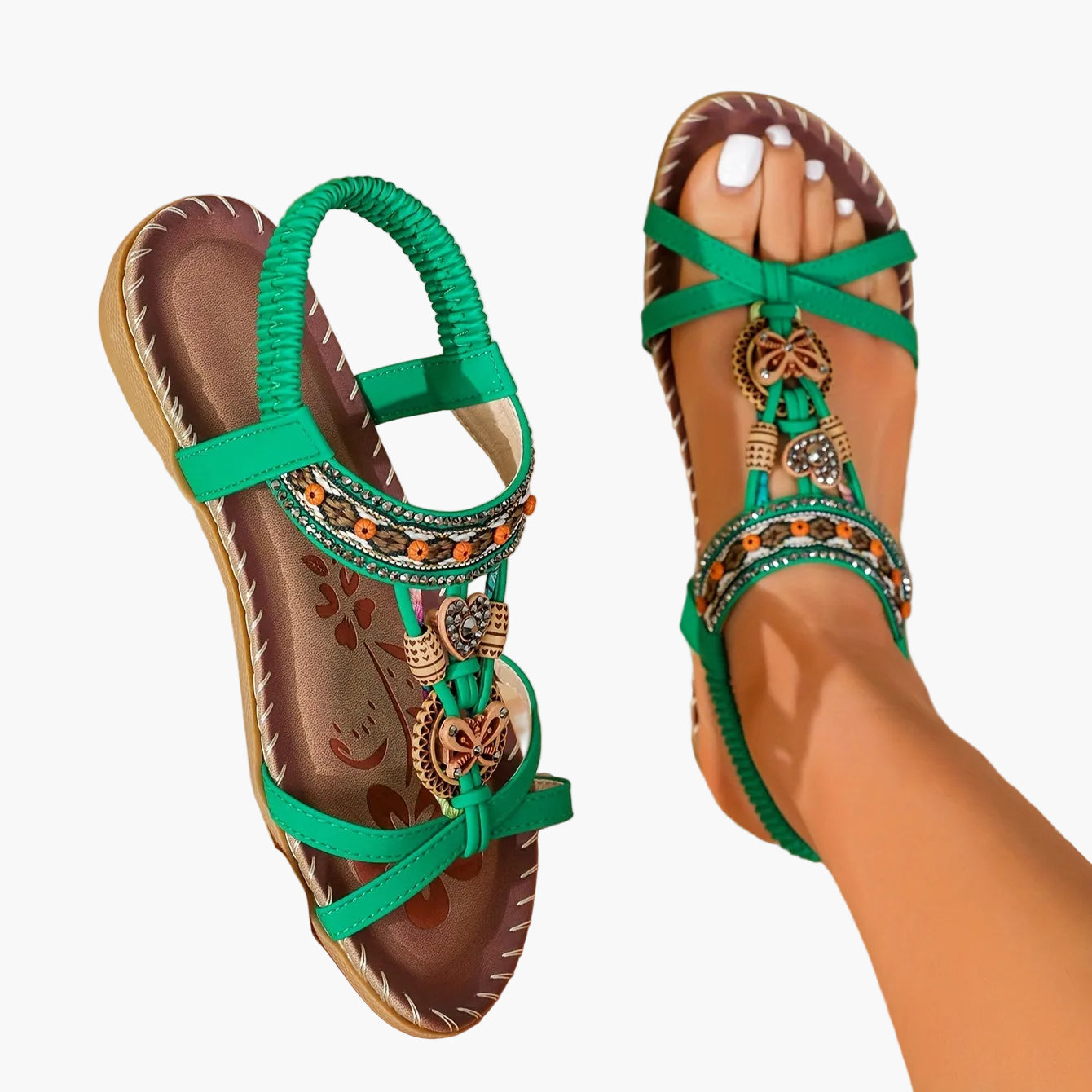 Women's Boho Sandals with Decorative Jewelry and Elastic Ankle Strap – Comfortable Summer Shoes for Casual Wear and Vacation