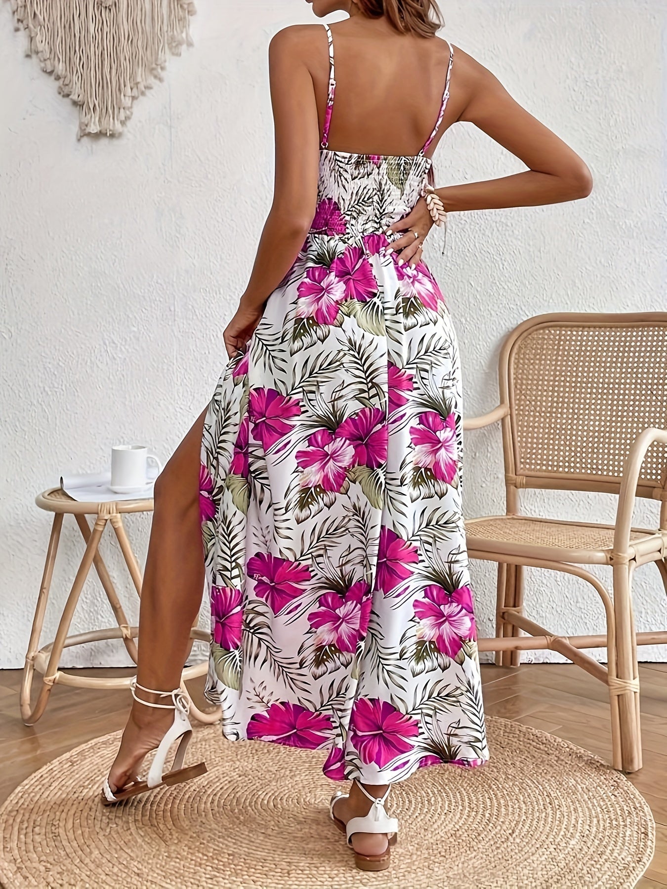 Women's Summer Maxi Dress Elegant with Floral Pattern, Spaghetti Straps, Perfect for Vacation & Leisure