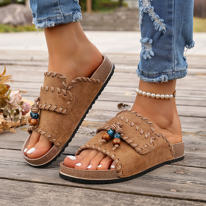 Women's Boho Slide Sandals with Beads and Embroidery – Summer Casual Shoes