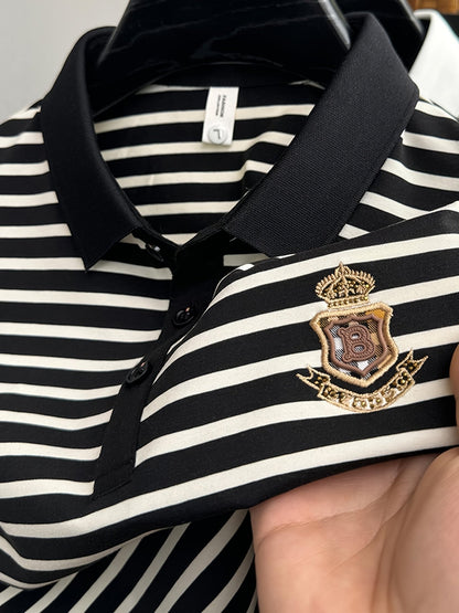 Men's Polo Shirt with Stripe Pattern and Chest Emblem – Classic, Short Sleeve, Smart-Casual for Leisure and Office