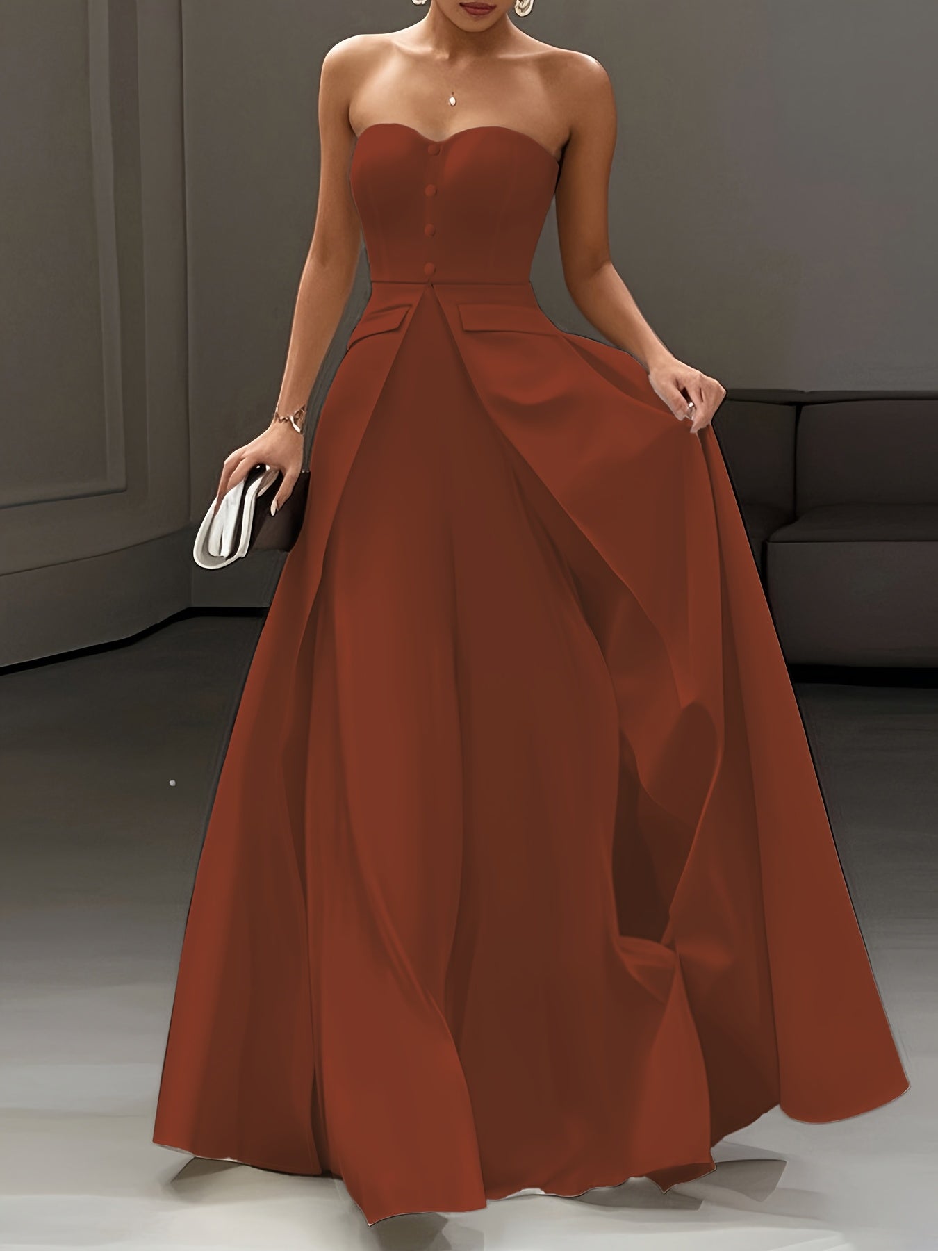 Women's Elegant Evening Dress with Bandeau Top and Button Placket – Perfect for Festive Occasions
