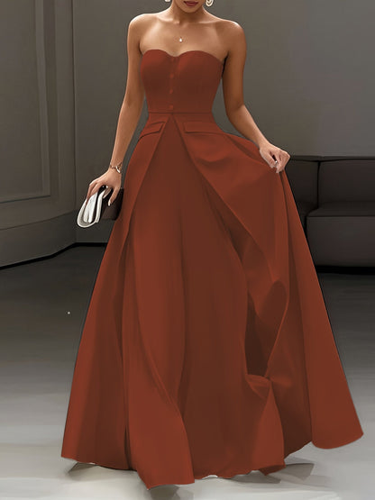 Women's Elegant Evening Dress with Bandeau Top and Button Placket – Perfect for Festive Occasions