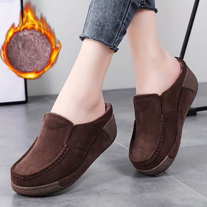 Women's mule loafers with soft lining, suede-look finish, brown