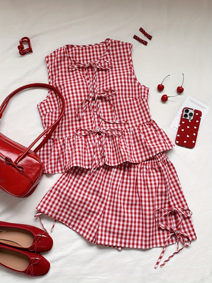 Damen Zweiteiliges Set mit Schleifen und Streifen – Verspieltes Sommer Outfit mit Top und Shorts