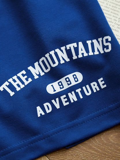 Women's sporty casual set with "The Mountains Adventure" print – top & shorts – perfect for summer & outdoor activities