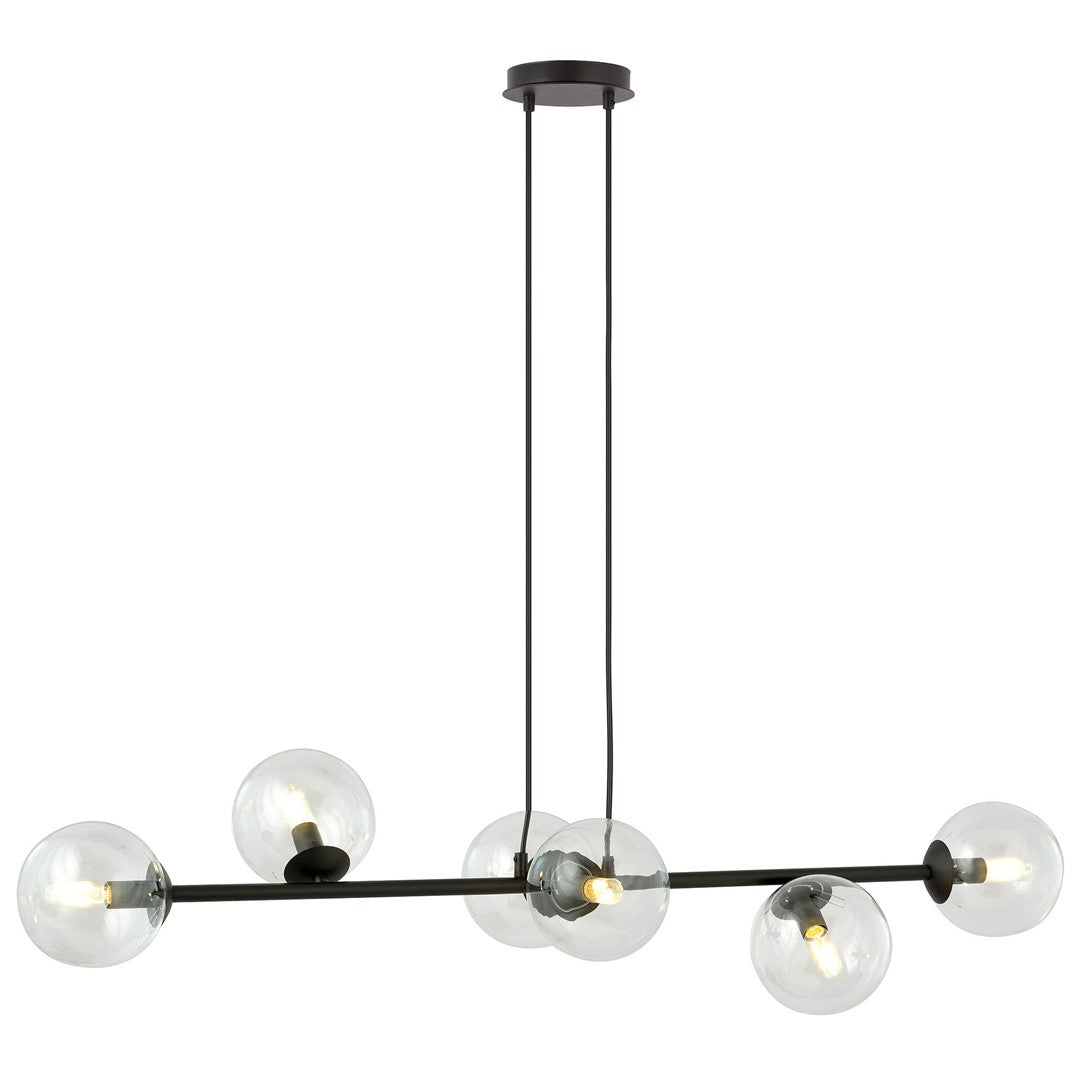 Zwarte hanglamp met horizontale stalen balk en zes transparante glazen kappen met zichtbare ledlampen