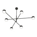 Zwarte plafondlamp met gekruiste armen en zes ronde lichtpunten op een witte achtergrond