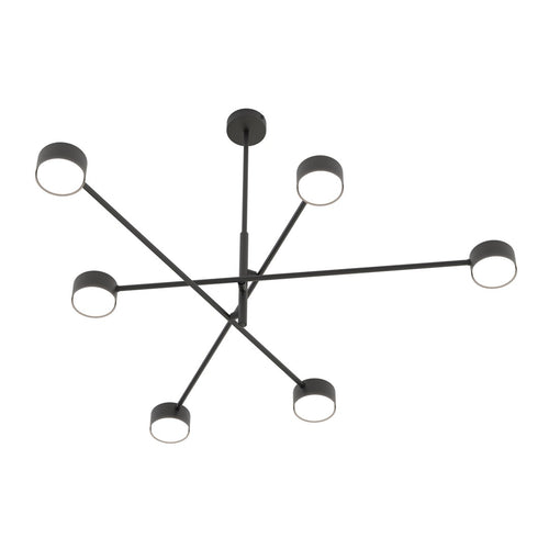 Zwarte plafondlamp met gekruiste armen en zes ronde lichtpunten op een witte achtergrond