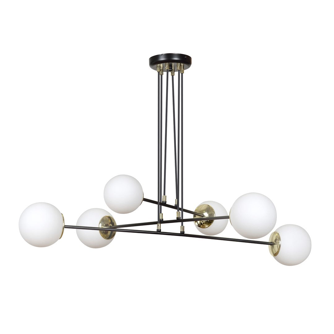 Zwarte hanglamp met zes witte glazen bollen en gouden details aan een stalen frame