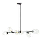 Zwarte hanglamp met zes transparante glazen kappen aan een horizontale stalen balk en twee ophangsnoeren