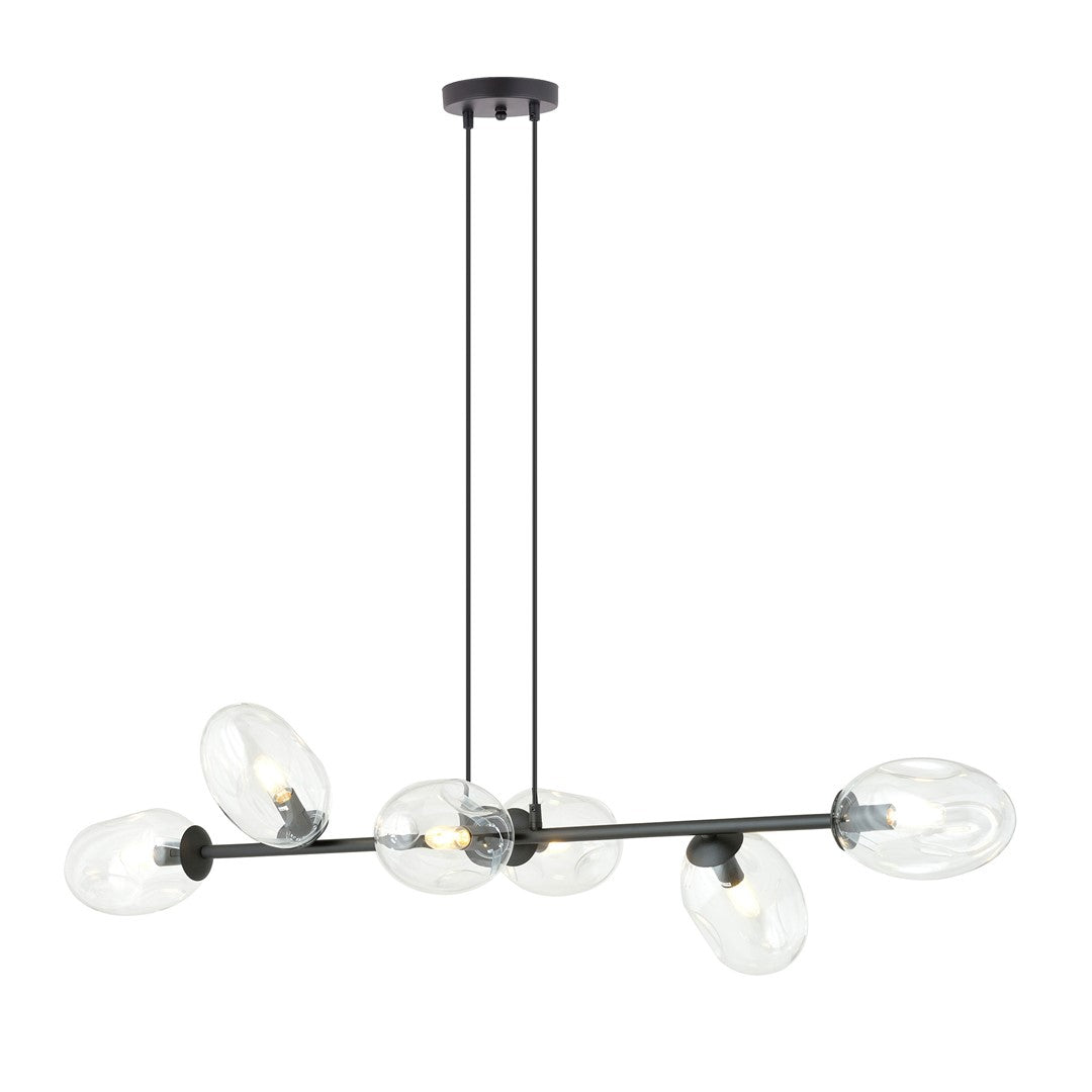 Zwarte hanglamp met zes transparante glazen kappen aan een horizontale stalen balk en twee ophangsnoeren