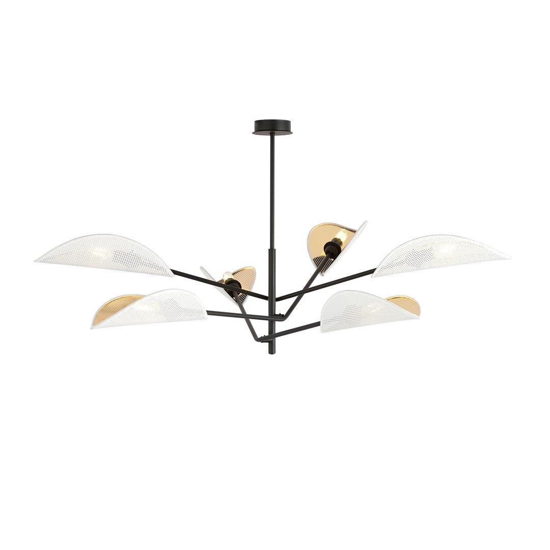 Plafondlamp met zes bladvormige witte kappen met goudkleurige binnenkant aan een zwart metalen frame