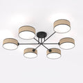 Zwarte plafondlamp met zes armen en zes cilindrische kappen in rotan-look