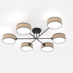 Zwarte plafondlamp met zes armen en zes cilindrische kappen in rotan-look
