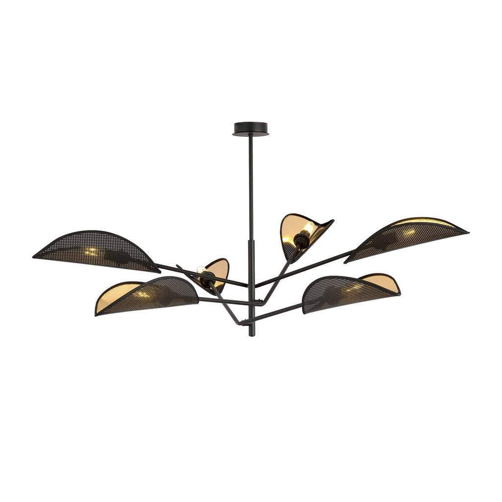 Zwarte plafondlamp met zes bladvormige kappen met goudkleurige binnenkant aan een stalen frame