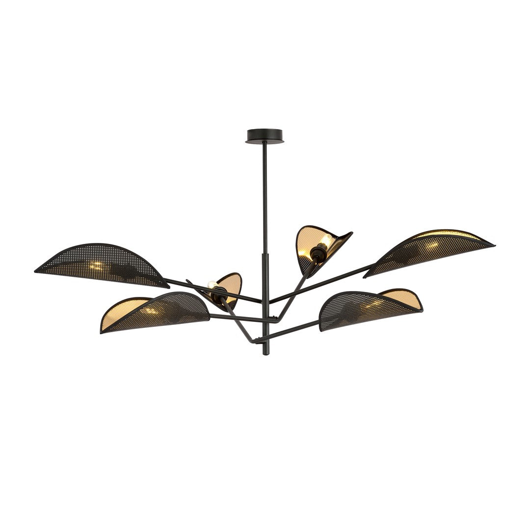 Zwarte plafondlamp met zes bladvormige kappen met goudkleurige binnenkant aan een stalen frame