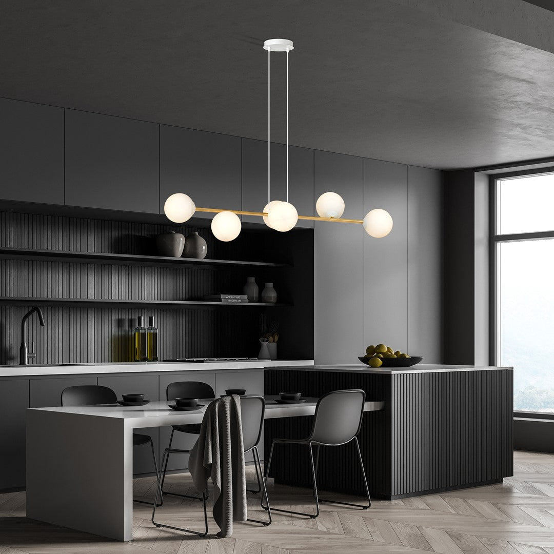 Hanglamp Gravity gepoedercoat staal en glas wit met goud, 6 lichtpunten, 110 x 100 cm, eettafel en woonkamer
