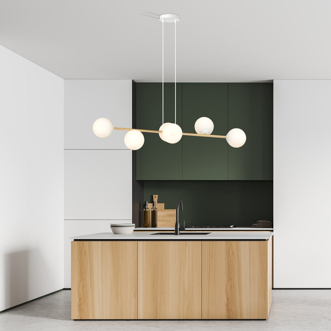 Hanglamp Gravity gepoedercoat staal en glas wit met goud, 6 lichtpunten, 110 x 100 cm, eettafel en woonkamer