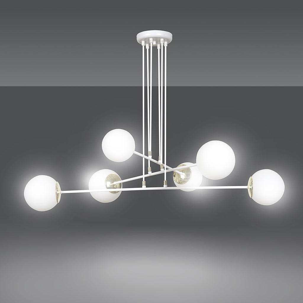 Hanglamp gepoedercoat staal en glas Ognis wit met gouden accenten, 6 lichtpunten, 90 x 100 cm