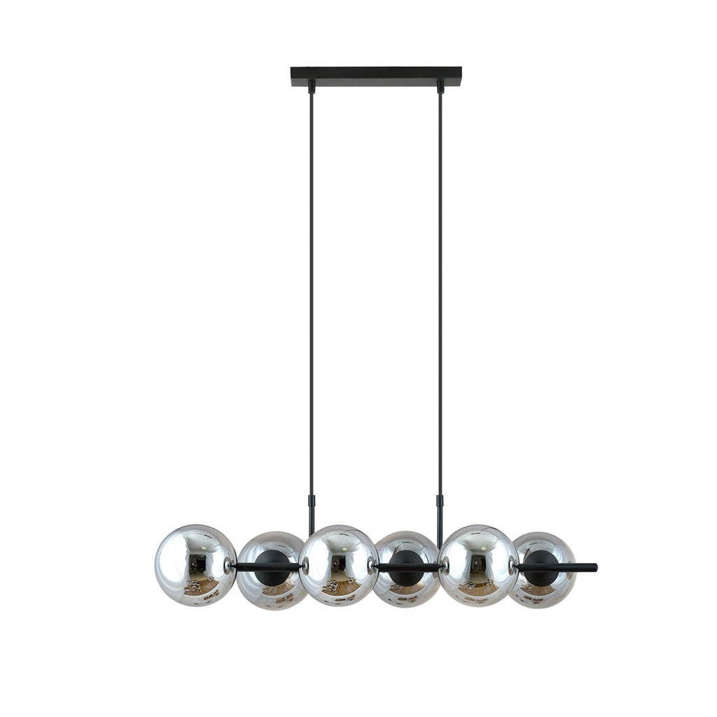 Hanglamp gepoedercoat staal en glas Rory grafiet, zwart, 6 lichts, 95 x 110 cm, eettafel en kookeiland