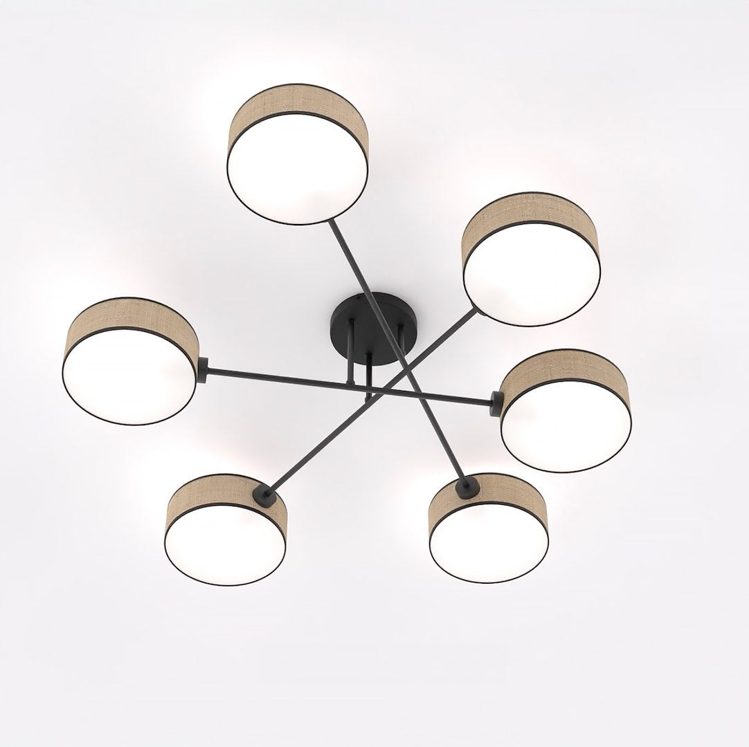 Plafondlamp gepoedercoat staal rotan-look Japandi zwart en bruin, 6 lichtpunten 105 x 105 cm