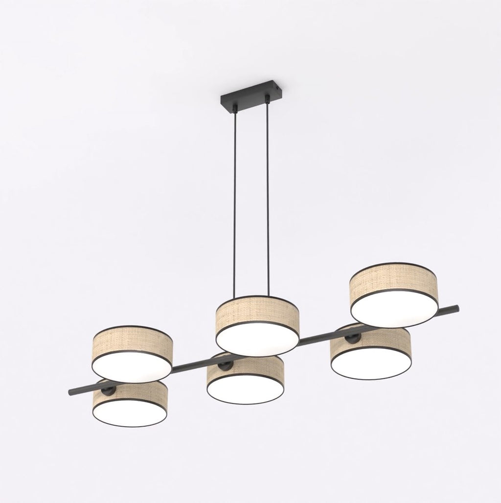 Hanglamp rotan gepoedercoat staal Japandi Drumz 6 lichts, zwart en naturel, hoogte verstelbaar, eettafel