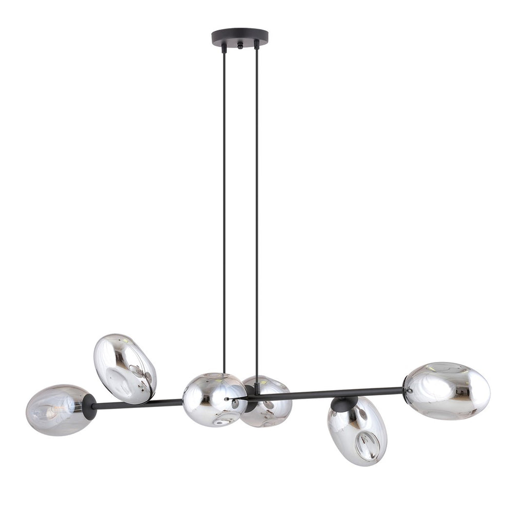 Hanglamp gepoedercoat staal en glas Pandora, zwart met grafiet kappen, 6 lichtpunten, 120 x 100 cm